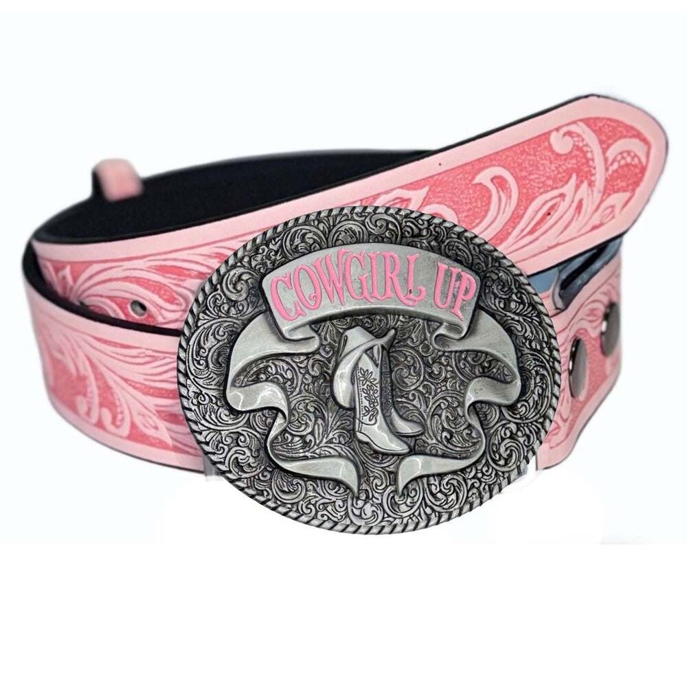 Pink Western Belt with Cowgirl Up Buckle for Women